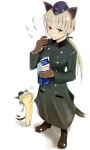  blonde_hair blush boots cat cat_ears coat eating em from_above green_eyes hanna_rudel hat long_hair milk milk_carton ponytail scar strike_witches tail 