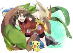  1girl aggron alternate_costume bad_id bandana bare_shoulders beanie bent_over bike_shorts blaziken blue_eyes brown_hair burning_hand fang fangs fanny_pack fire green_eyes grin hand_on_hip haruka_(pokemon) hat holding holding_poke_ball horns leaf leaves minun odamaki_sapphire open_mouth poke_ball pokemon pokemon_(creature) pokemon_special relicanth shiratama_moyashi shirodama_moyashi short_hair smile tropius wailord 