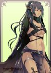  black_hair breasts cape dark_skin earrings gauntlets grey_eyes head_wings headwings jewelry large_breasts long_hair midriff mole navel nicole pixiv pixiv_fantasia pixiv_fantasia_3 ponytail solo very_long_hair 