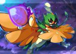  2016 bluekomadori decidueye full_moon legs_apart moon no_humans pokemon pokemon_(game) pokemon_sm red_eyes signature solo standing wings 