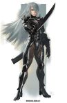  1girl commentary commission cyborg full_body fusion hair_over_one_eye highres john_crayton lips long_hair metal_gear_(series) metal_gear_rising:_revengeance mole mole_under_mouth nier_(series) nier_automata nose power_suit raiden silver_hair solo spikes sword weapon yorha_type_a_no._2 