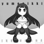  1girl arms_behind_back artist_name bangs blunt_bangs blush breasts collared_shirt commentary_request greyscale highres koikawa_hayato long_hair looking_at_viewer medium_breasts monochrome monoe no_nose no_pupils original shirt short_sleeves sitting skirt yume_nikki yume_nikki_dream_diary 