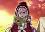  1girl bangs beanie black_hat blue_eyes clouds commentary_request drink eyebrows_visible_through_hair fingernails green_scarf hair_between_eyes hat holding_mug jacket kagamihara_nadeshiko long_hair long_sleeves lunacats pink_hair pom_pom_(clothes) red_jacket red_sky scarf sidelocks sky solo steam sunset tent very_long_hair yurucamp 