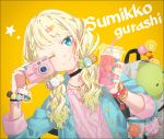  1girl ;) aran_sweater backpack bag bangs bendy_straw black_choker blonde_hair blue_eyes blue_jacket camera charm_(object) choker closed_mouth cup drink drinking_straw eyebrows_visible_through_hair gradient_hair green_hair hair_ornament hairclip hakusai_(tiahszld) holding holding_camera holding_cup jacket leaning_to_the_side long_hair long_sleeves low_twintails multicolored_hair one_eye_closed open_clothes open_jacket orange_background original pink_sweater plastic_cup polka_dot simple_background smile star star_hair_ornament sweater twintails watch watch 