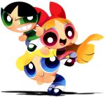  3girls :d black_hair blonde_hair blossom_(ppg) blue_dress blue_eyes bow bubbles_(ppg) buttercup_(ppg) dress frown green_dress green_eyes grin hair_bow highres long_hair looking_away looking_up multiple_girls open_mouth orange_hair pantyhose pink_dress pink_eyes powerpuff_girls shadow shoes short_hair siblings simple_background sisters smile twintails white_background white_legwear yunomi_(bearleaf) 