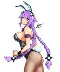  1girl absurdres airisubaka animal_ears artist_name ass blue_eyes blush braid breasts bunny_tail bunnysuit choujigen_game_neptune cleavage commentary highres large_breasts long_hair looking_at_viewer looking_to_the_side neptune_(choujigen_game_neptune) neptune_(series) power_symbol purple_hair purple_heart rabbit_ears simple_background symbol-shaped_pupils tail thigh-highs thighs tied_hair twin_braids white_background 