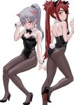  2girls animal_ears ass bangs bare_shoulders black_footwear black_legwear black_leotard blush breasts bunnysuit cat_ears closed_mouth detached_collar eyepatch fkey grey_hair hand_up high_heels highres leotard long_hair looking_at_viewer multiple_girls original pantyhose ponytail red_eyes redhead sidelocks simple_background sitting small_breasts thighs twintails very_long_hair white_background wrist_cuffs 