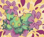  commentary commission flower from_above full_body glitchedpuppet green_skin looking_at_viewer maractus no_humans orange_background petals pokemon pokemon_(creature) pokemon_(game) pokemon_bw signature solo spikes yellow_background yellow_eyes 