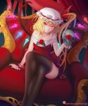  &gt;:) 1girl alternate_costume artist_name bangs bare_shoulders black_legwear blonde_hair breasts closed_mouth collarbone crystal curtains dress fang_out feet_out_of_frame flandre_scarlet flower frills hat hat_ribbon head_tilt highres holding indoors legs_crossed long_hair looking_at_viewer mob_cap nuenya off-shoulder_dress off_shoulder one_side_up red_dress red_flower red_ribbon red_rose ribbon rose short_dress skull small_breasts smile solo thigh-highs throne touhou v-shaped_eyebrows watermark web_address white_hat wings wrist_cuffs 