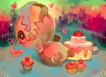 cake commission cookie cupcake eating eyelashes food fruit glitchedpuppet happy heart lying multicolored multicolored_background no_humans on_back pokemon pokemon_(creature) pokemon_(game) pokemon_rse signature solo strawberry trapinch 