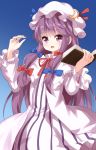  1girl blue_bow book bow crescent crescent_moon_pin dress eyebrows_visible_through_hair frilled_dress frilled_sleeves frills hair_bow hat hat_ribbon highres holding holding_book long_hair looking_at_viewer mob_cap open_book open_mouth patchouli_knowledge purple_hair red_bow ribbon ruu_(tksymkw) solo striped touhou vertical_stripes very_long_hair violet_eyes 