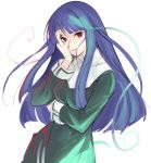  1girl asagami_fujino aura blue_hair breasts commentary_request copyright_request eyebrows_visible_through_hair habit hair_in_mouth hand_on_own_face hand_over_eye hand_up kara_no_kyoukai large_breasts long_hair long_sleeves looking_at_viewer nun red_eyes simple_background smile solo tetsu_(kimuchi) upper_body white_background 