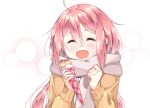  1girl :d ^_^ ahoge blush brown_scarf clenched_hand closed_eyes crepe eyebrows_visible_through_hair food food_on_face fruit hair_between_eyes head_tilt holding holding_food kagamihara_nadeshiko long_hair long_sleeves open_mouth pink_hair smile solo strawberry sweater upper_body wari_(nirodo26) white_background yurucamp 