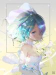  1girl bare_shoulders blue_eyes blue_hair blush breasts bridal_veil bride choker cleavage dahl-lange dress elbow_gloves flower gloves hair_over_one_eye highres jewelry looking_at_viewer medium_breasts multiple_wings pendant re:zero_kara_hajimeru_isekai_seikatsu rem_(re:zero) short_hair smile solo veil wedding_dress white_dress white_wings wings 