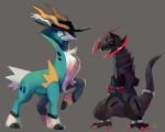  claws cobalion commentary creature crossed_arms fushigi_no_dungeon grey_background hat haxorus horns orange_eyes pokemon pokemon_(creature) pokemon_fushigi_no_dungeon red_eyes signature simple_background standing 