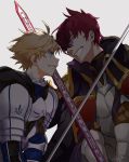  2boys armor blonde_hair clenched_teeth crossed_swords fate/prototype fate/prototype:_fragments_of_blue_and_silver fate_(series) grey_background lucius_tiberius_(fate) male_focus multiple_boys pink_hair saber_(fate/prototype) signature simple_background teeth upper_body 