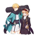  1boy 1girl bazooka blonde_hair cosplay costume_switch crossover fate_(series) ginta gintama haori height_difference japanese_clothes koha-ace namesake okita_sougo okita_souji_(fate) shinsengumi_(gintama) short_hair uniform weapon 