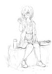  1girl casual dress eating fate/grand_order fate_(series) food full_body glasses greyscale highres hood hoodie mash_kyrielight monochrome onigiri outdoors shoes sketch solo thermos 