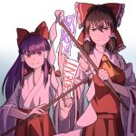  2girls :| ascot bow brown_eyes brown_hair closed_mouth collar collared_shirt commentary cowboy_shot detached_sleeves dual_persona english feet_out_of_frame frilled_collar frills gohei gradient gradient_background hair_bow hair_tubes hakama hakurei_reimu hakurei_reimu_(pc-98) holding holding_paper japanese_clothes kimono long_hair long_sleeves looking_at_viewer mefomefo miko multiple_girls nontraditional_miko paper pleated_skirt purple_hair red_bow red_hakama red_shirt red_skirt ribbon-trimmed_collar ribbon_trim shirt skirt smile standing touhou touhou_(pc-98) v-neck v-shaped_eyebrows violet_eyes white_kimono wide_sleeves yellow_neckwear yukata 