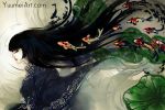  1girl black_hair closed_eyes commentary fish japanese_clothes koi lily_pad lipstick long_hair makeup original ripples solo watermark web_address wenqing_yan 