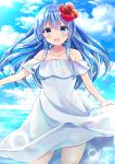  1girl :d bangs bare_shoulders blue_eyes blue_hair blue_sky blush clouds cloudy_sky collarbone commentary_request day dress eyebrows_visible_through_hair flower hair_between_eyes hair_flower hair_ornament halterneck highres horizon long_hair minami_saki moe2018 ocean off-shoulder_dress off_shoulder open_mouth original outdoors red_flower sidelocks sky smile solo water white_dress 