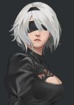 black_dress black_hairband blindfold blue_eyes cleavage_cutout covered_eyes dress facing_viewer hairband highres juliet_sleeves jun_project leotard long_sleeves mole mole_under_mouth nier_(series) nier_automata puffy_sleeves silver_hair yorha_no._2_type_b 