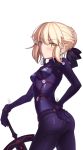  1girl absurdres artoria_pendragon_(all) bangs blonde_hair blush blush_stickers boa_(brianoa) bodysuit braid breasts closed_mouth cropped_legs eyebrows_visible_through_hair fate/stay_night fate_(series) from_side gloves hair_between_eyes hand_on_hip highres looking_at_viewer multicolored multicolored_bodysuit multicolored_clothes plugsuit short_hair solo sword test_plugsuit type-moon weapon white_background yellow_eyes 