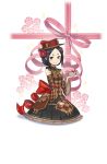  1girl argyle black_dress black_eyes black_hair black_legwear bow brown_dress brown_footwear brown_hat dress elbow_gloves flower frown full_body gift gloves hair_flower hair_ornament hat hat_bow highres looking_at_viewer official_art princess_principal princess_principal_game_of_mission red_bow short_hair thick_eyebrows toudou_chise 