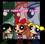  3girls :d :o black_hair blonde_hair blossom_(ppg) blue_dress blue_eyes bow bubbles_(ppg) buttercup_(ppg) copyright_name dress green_eyes grin hand_on_hip happy long_hair looking_away looking_back multiple_girls one_leg_raised open_mouth orange_hair pantyhose pink_dress pink_eyes powerpuff_girls shaded_face shimabo shoes short_hair siblings sisters smile twintails white_legwear 