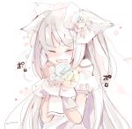  1girl animal_ears azur_lane bare_shoulders blush bouquet cat_ears closed_eyes commentary_request detached_sleeves dress facing_viewer fang flower hair_flower hair_ornament hammann_(azur_lane) holding holding_bouquet long_hair mitoko_(kuma) nose_blush open_mouth puffy_short_sleeves puffy_sleeves short_sleeves silver_hair solo tears very_long_hair wedding_dress white_background white_dress white_flower 