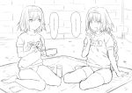  ... 2girls braid bread buruma character_name character_request eating fate/grand_order fate_(series) food fork greyscale gym_uniform hairband highres knees_together_feet_apart monochrome multiple_girls ponytail short_hair sitting sketch spoken_ellipsis thermos toriudonda 