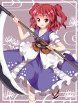  1girl :d blush eyebrows_visible_through_hair hair_bobbles hair_ornament highres looking_at_viewer obi onozuka_komachi open_mouth puffy_short_sleeves puffy_sleeves red_eyes redhead ruu_(tksymkw) sash scythe short_sleeves smile solo touhou twintails 