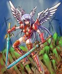  1girl adapted_costume angel_wings bangs bent_knee boots breasts cleavage cleavage_cutout closed_mouth diamond_(shape) dual_wielding elbow_gloves feathered_wings feathers final_fantasy final_fantasy_tactics full_body gem gloves hair_between_eyes head_wings high_heel_boots high_heels holding holding_sword holding_weapon legs_apart leotard lips long_hair midriff multiple_wings no_pupils oomasa_teikoku puffy_short_sleeves puffy_sleeves red_eyes red_footwear red_gloves red_legwear red_leotard short_sleeves sidelocks silver_hair small_breasts solo straight_hair sword thigh-highs ultima_(fft) weapon white_wings wings zettai_ryouiki 
