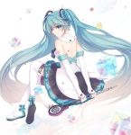  1girl aqua_eyes aqua_hair arms_behind_back boots detached_sleeves floating_hair from_behind hatsune_miku highres kicchan long_hair looking_back magical_mirai_(vocaloid) microphone sitting skirt solo thigh-highs thigh_boots twintails very_long_hair vocaloid white_background 