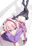  1boy astolfo_(fate) black_bow black_ribbon blush bow braid fang fate/apocrypha fate/grand_order fate_(series) hair_intakes hair_ribbon long_braid looking_at_viewer male_focus multicolored_hair open_mouth pink_hair ribbon single_braid smile solo streaked_hair tomiki910 trap violet_eyes 