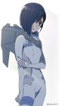  1girl arm_at_side bangs blue_hair bodysuit cowboy_shot darling_in_the_franxx food fruit green_eyes hand_on_own_arm highres ichigo_(darling_in_the_franxx) pilot_suit sad shiny shiny_hair shishamo_(masato_k) short_hair simple_background skin_tight solo standing strawberry suzumiya_haruhi tearing_up tears twitter_username white_background white_bodysuit 