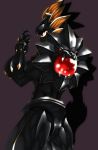  armor brown_background digimon digimon_frontier gel_shu gloves graphite_(medium) helmet loweemon no_humans red_eyes shield simple_background traditional_media 