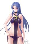  1girl adjusting_clothes adjusting_swimsuit artist_name artoria_pendragon_(all) bikini blue_eyes blue_hair braid breasts cancelu caster chibi_inset choker dated fate/grand_order fate_(series) hand_on_hip highres lipstick long_hair looking_at_viewer makeup pointy_ears purple_bikini purple_lipstick saber side-tie_bikini side_braid solo swimsuit tabard under_boob 
