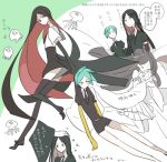  androgynous black_eyes black_gloves black_hair black_legwear black_neckwear black_shorts bort closed_eyes dragging elbow_gloves gem_uniform_(houseki_no_kuni) gloves golden_arms green_eyes green_hair houseki_no_kuni jellyfish long_hair multiple_views necktie pajamas petting phosphophyllite shiro_(houseki_no_kuni) shirt short_hair short_sleeves shorts shumiko_(kamenokoueki) suspender_shorts suspenders thigh-highs white_shirt 