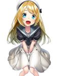  1girl :d blonde_hair blue_eyes blue_sailor_collar commentary_request dress gloves hat jervis_(kantai_collection) kantai_collection kyon_(fuuran) long_hair open_mouth sailor_collar sailor_dress short_sleeves simple_background smile solo white_background white_gloves white_hat 