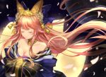  1girl animal_ears azaka_(rionrita) bell blue_ribbon breasts cleavage closed_eyes collarbone fate/extra fate/grand_order fate_(series) fox_ears fox_tail hair_ribbon japanese_clothes jingle_bell large_breasts moon multiple_tails off_shoulder petals pink_hair ribbon solo tail tamamo_(fate)_(all) tears 