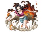  1girl barefoot black_eyes black_hair blue_shorts boa_hancock bodskih breasts cleavage collarbone fire floating_hair groin long_hair medium_breasts midriff navel one_eye_closed one_piece open_mouth purple_shirt running shirt shorts solo stomach torn_clothes torn_shirt torn_shorts transparent_background 