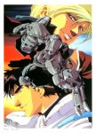  2boys 90s assault_suits_series assault_suits_valken blonde_hair brown_hair grin highres jake_brain looking_at_viewer mecha military military_uniform multiple_boys official_art pilot_suit promotional_art scan science_fiction smile smirk traditional_media uniform urushihara_satoshi valken 