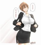  1girl breasts brown_eyes brown_hair formal highres large_breasts original short_hair skirt solo suit translation_request unbalance 