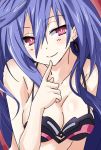  1girl blue_hair earrings eyebrows_visible_through_hair finger_to_mouth iris_heart iwasi-r jewelry kami_jigen_game_neptune_v long_hair looking_at_viewer neptune_(series) power_symbol red_eyes smile solo symbol-shaped_pupils upper_body 