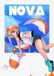  1girl :d absurdres aqua_footwear ass bare_arms bare_shoulders black_shorts blue_sky bulge day domino_mask fang from_side green_eyes highres holding holding_weapon ink_tank_(splatoon) inkling iriehana long_hair looking_at_viewer looking_to_the_side luna_blaster_(splatoon) mask no_socks open_mouth orange_hair outside_border shirt shoes short_shorts shorts sky sleeveless smile sneakers solo splatoon splatoon_2 tank_top tentacle_hair trigger_discipline twintails two-handed v-shaped_eyebrows very_long_hair weapon white_shirt 