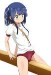  blue_hair buruma green_eyes gym_uniform kagimura_hazuki leaning_back marchen_madchen red_buruma ribbon shirt short_hair side_ponytail sitting straddling trg-_(sain) white_shirt wooden_beam 