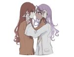  2girls brown_eyes brown_hair brown_shirt eyewear_removed face-to-face fate/extra fate_(series) gloves hand_in_hair holding_eyewear kishinami_hakuno_(female) long_hair long_sleeves multiple_girls over-rim_eyewear pocket purple_hair rani_viii semi-rimless_eyewear shirt uncle129 upper_body violet_eyes wavy_hair white_background white_gloves white_shirt yuri 