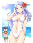  1boy 1girl adjusting_hair belly_button bikini black_hair blue_eyes blue_hair blush braid breasts caster chibi_inset commentary_request fate/stay_night fate_(series) flower flower_necklace glasses hair_flower hair_ornament hawaiian_shirt itou_katsumi jewelry kuzuki_souichirou lei lipstick long_hair makeup medea_(fate)_(all) medium_breasts navel navel_cutout necklace o-ring_swimsuit ocean pointy_ears purple_lipstick shirt shorts side_braid smile solo swim_trunks swimsuit thigh_gap thumbs_up white_swimsuit 