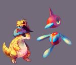  claws commentary creature fushigi_no_dungeon glitchedpuppet grey_background helmet horn joltik looking_at_another no_humans on_head pokemon pokemon_(creature) pokemon_fushigi_no_dungeon porygon-z sandshrew simple_background standing 